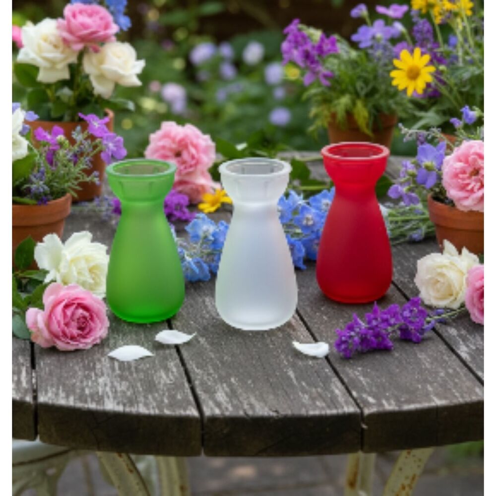 3 Bud Vases Red Pink, Frosted White Brilliant Green 4” Tall Cottagecore